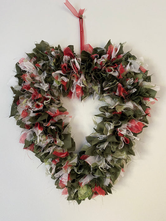 Handmade Rag Heart Wreath - Green, Red & White
