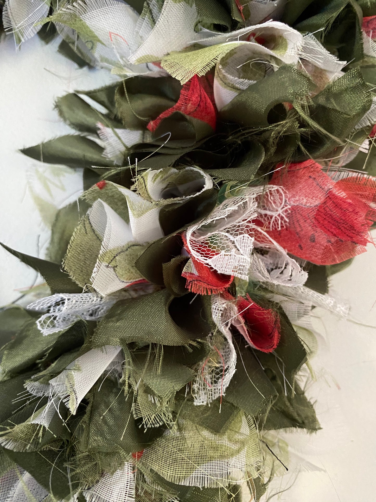 Handmade Rag Heart Wreath - Green, Red & White