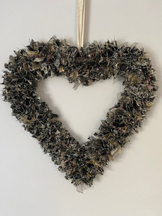 Handmade Rag Heart Wreath - Gold & Black