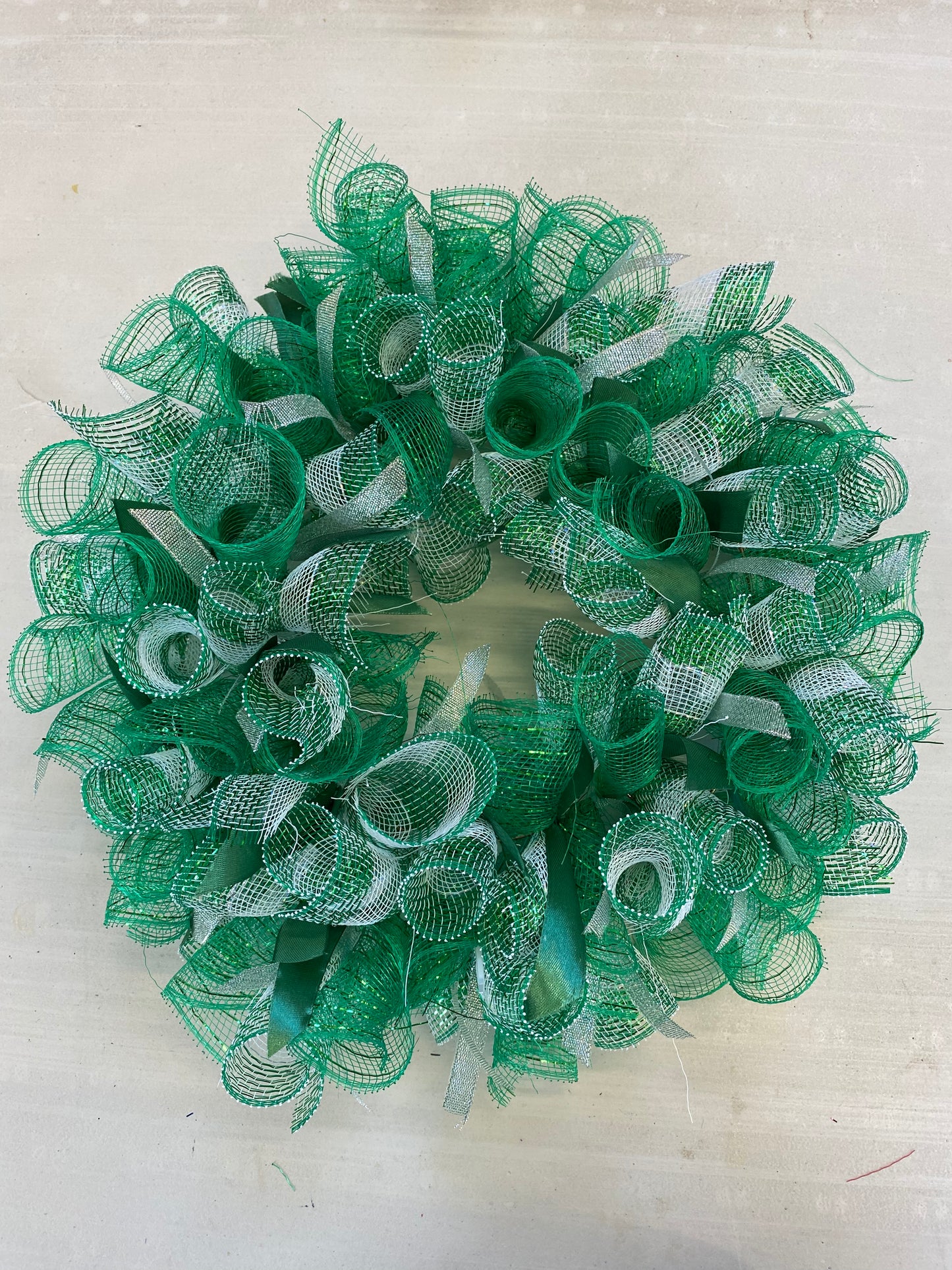 Handmade Deco Mesh & Ribbon Wreath Green, White & Silver
