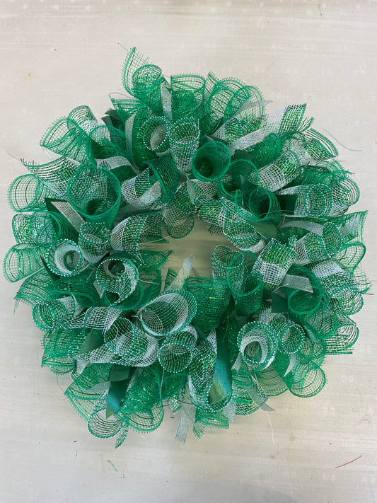 Handmade Deco Mesh & Ribbon Wreath Green, White & Silver