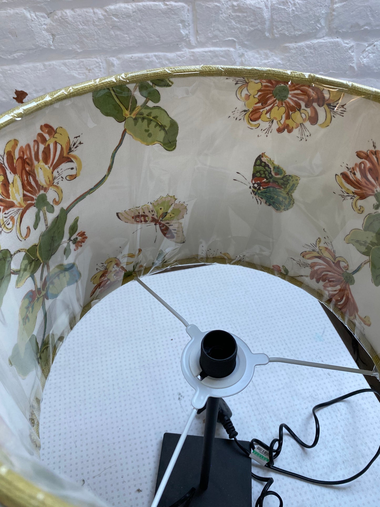 Handmade 30cm Drum Double Sided Green Lampshade with Honeysuckle Lining