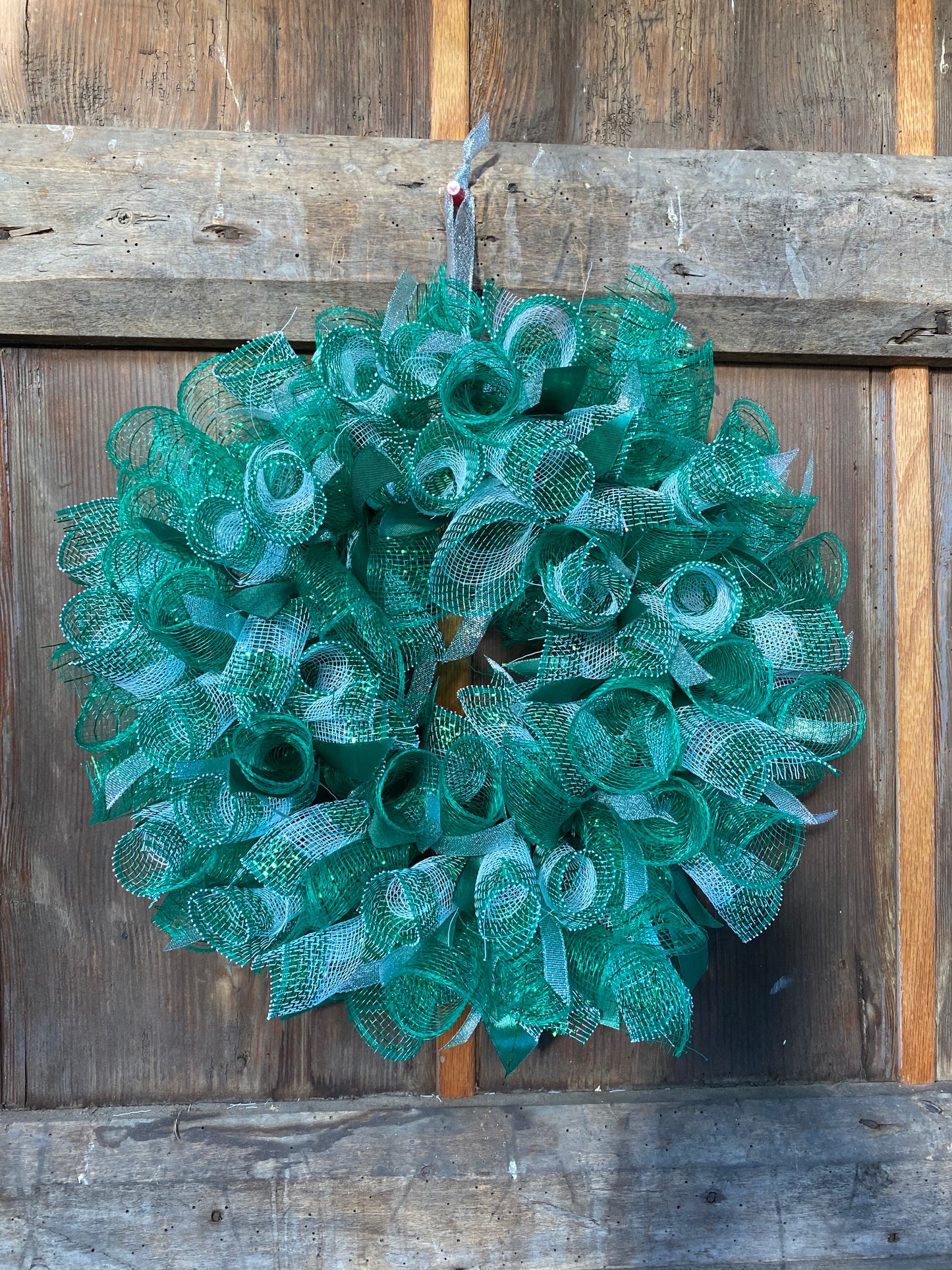 Handmade Deco Mesh & Ribbon Wreath Green, White & Silver