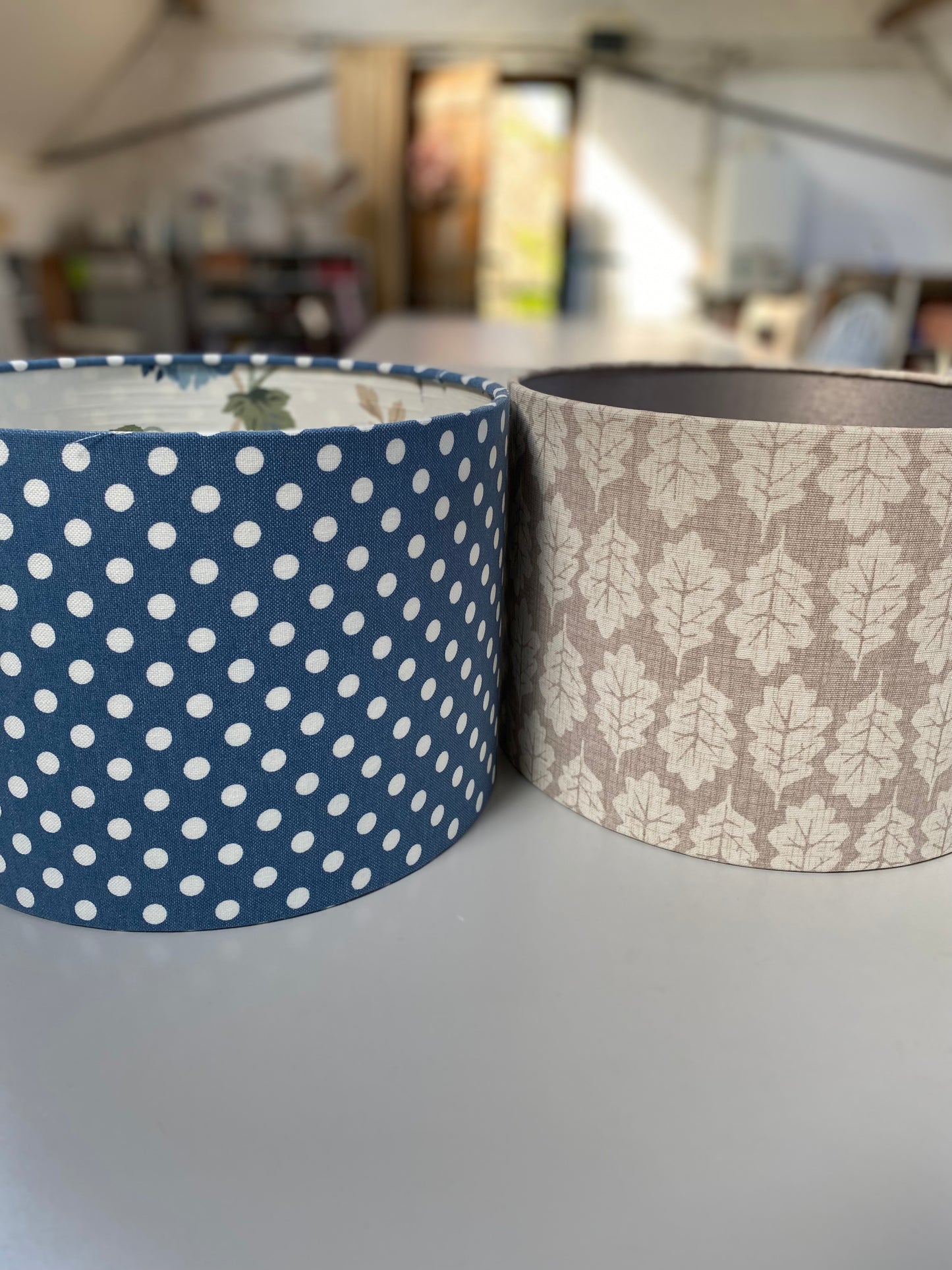 Handmade 30cm Drum Double Sided Blue & White Spot with Leaf Design Lining